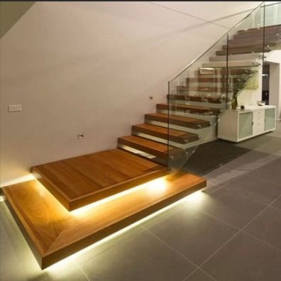Desain Villa Tangga Terapung Stringer Baja Invisible Dengan Balok Kaca Kayu