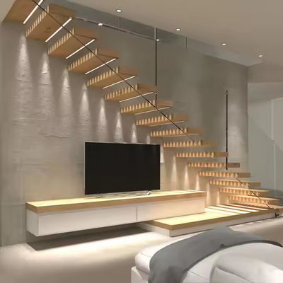 Dinding Dipasang Balok Tersembunyi Tangga Kayu Oak Merah Villa Riser Terbuka Tangga Terapung Dengan Lampu