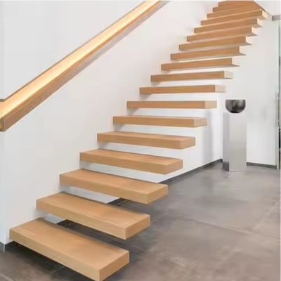 Dinding Dipasang Balok Tersembunyi Tangga Kayu Oak Merah Villa Riser Terbuka Tangga Terapung Dengan Lampu