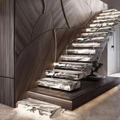 Custom Natural Marble Floating Straight Staircase untuk Ruang Hunian atau Komersial
