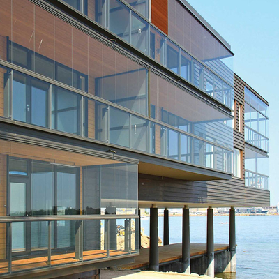 Sistem Pegangan Tangan Balkon Panel Kaca Bangunan Tanpa Bingkai Melengkung Datar Aluminium