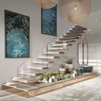 Dinding Dipasang Balok Tersembunyi Tangga Kayu Oak Merah Villa Riser Terbuka Tangga Terapung Dengan Lampu