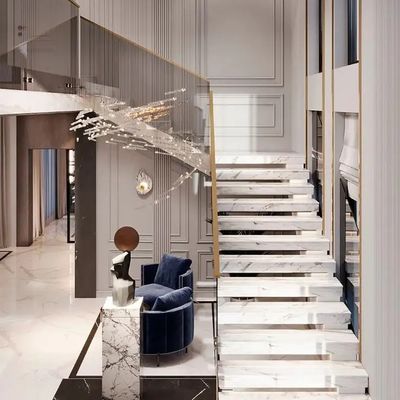 Custom Natural Marble Floating Straight Staircase untuk Ruang Hunian atau Komersial